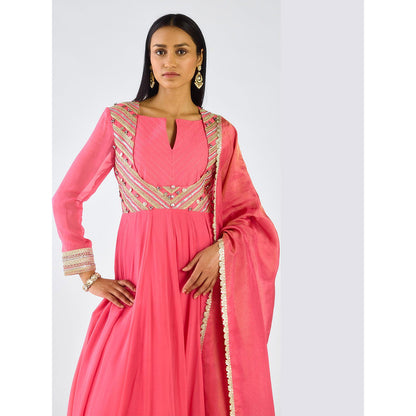 Basanti Kapde aur Koffee Pink Chanderi Embroidered Anarkali with Pant and Dupatta