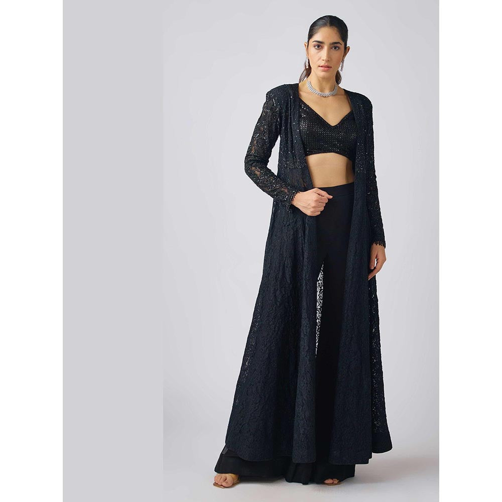 Basanti Kapde aur Koffee Black Georgette Embroidered Cape and Sharara with Bustier
