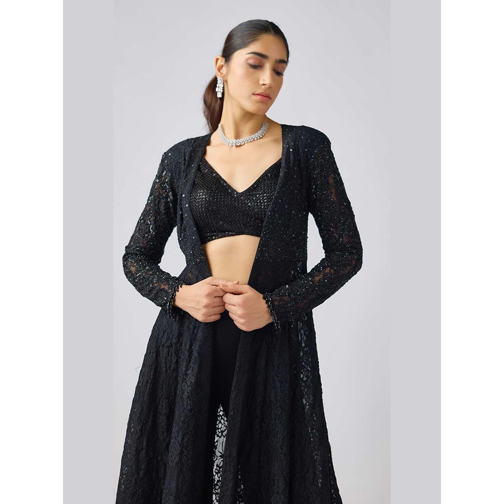 Basanti Kapde aur Koffee Black Georgette Embroidered Cape and Sharara with Bustier
