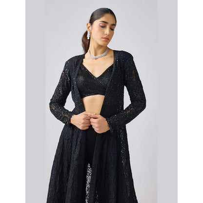 Basanti Kapde aur Koffee Black Georgette Embroidered Cape and Sharara with Bustier