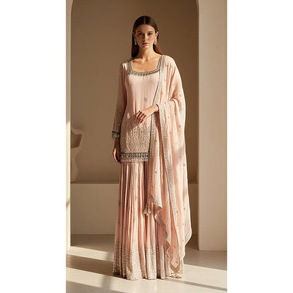 Basanti Kapde aur Koffee Blush Dawn Embroidered Kurta and Sharara with Dupatta