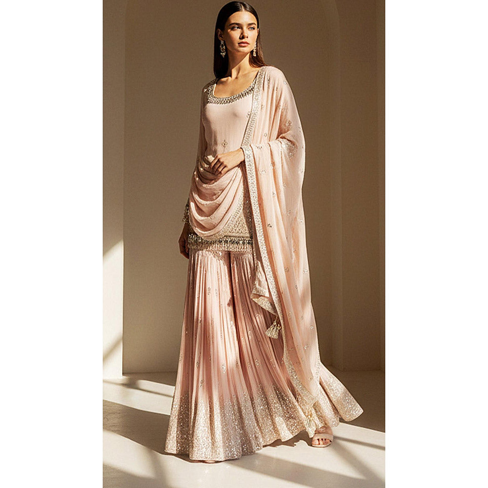 Basanti Kapde aur Koffee Blush Dawn Embroidered Kurta and Sharara with Dupatta