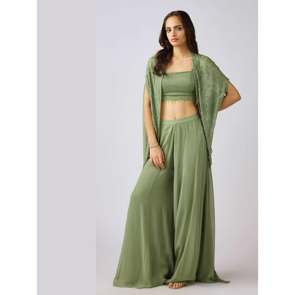 Basanti Kapde aur Koffee Green Georgette Embroidered Sharara And Cape With Bustier