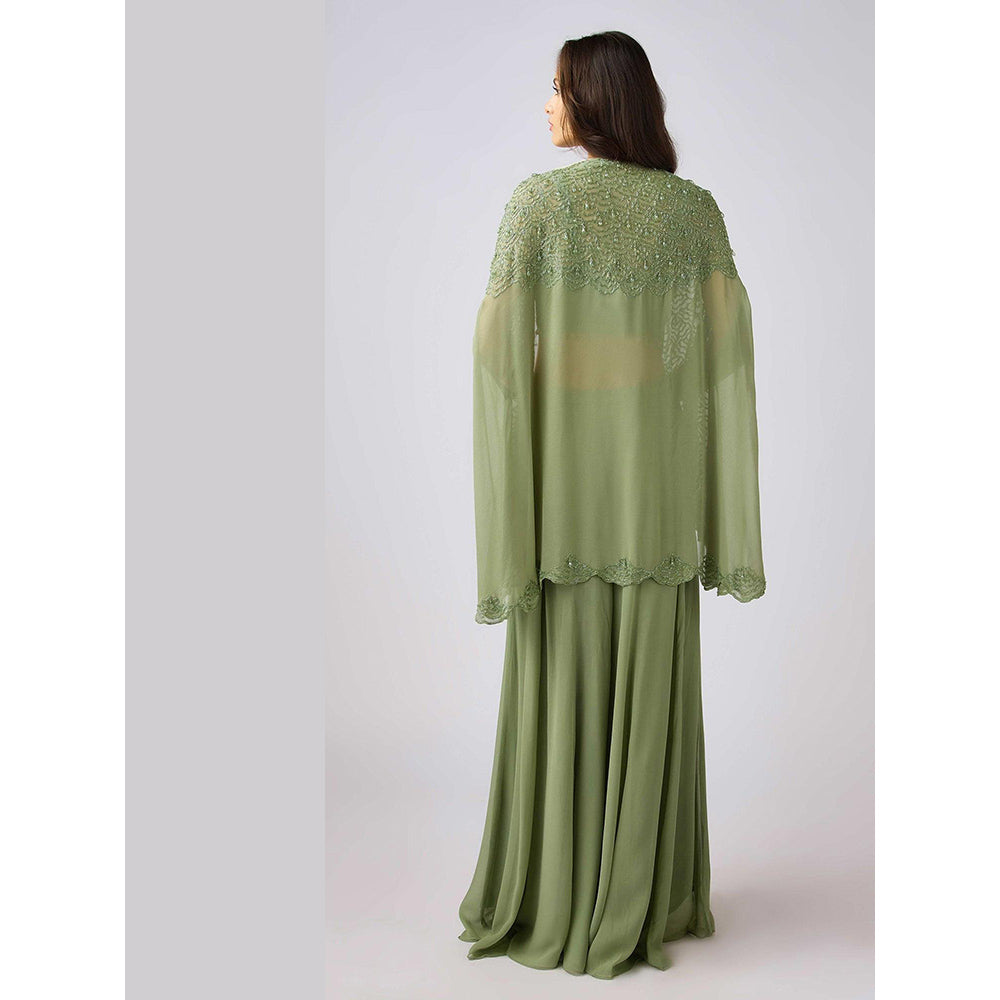 Basanti Kapde aur Koffee Green Georgette Embroidered Sharara And Cape With Bustier