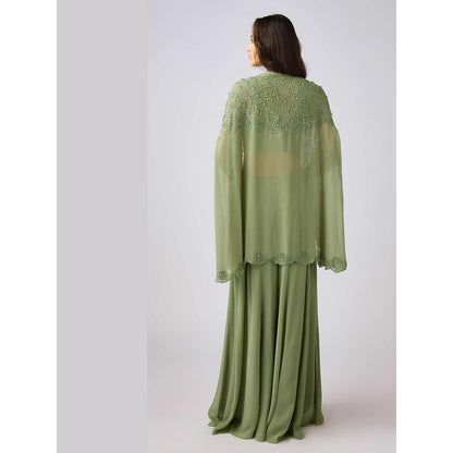 Basanti Kapde aur Koffee Green Georgette Embroidered Sharara And Cape With Bustier