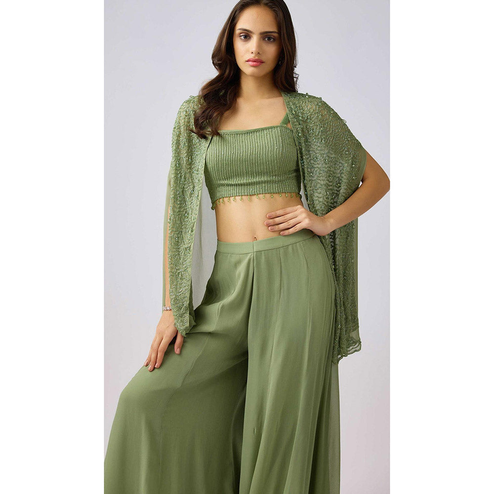 Basanti Kapde aur Koffee Green Georgette Embroidered Sharara And Cape With Bustier
