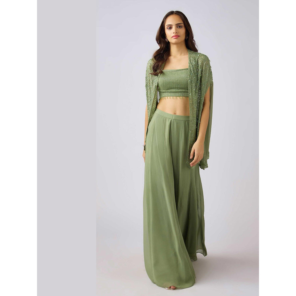 Basanti Kapde aur Koffee Green Georgette Embroidered Sharara And Cape With Bustier
