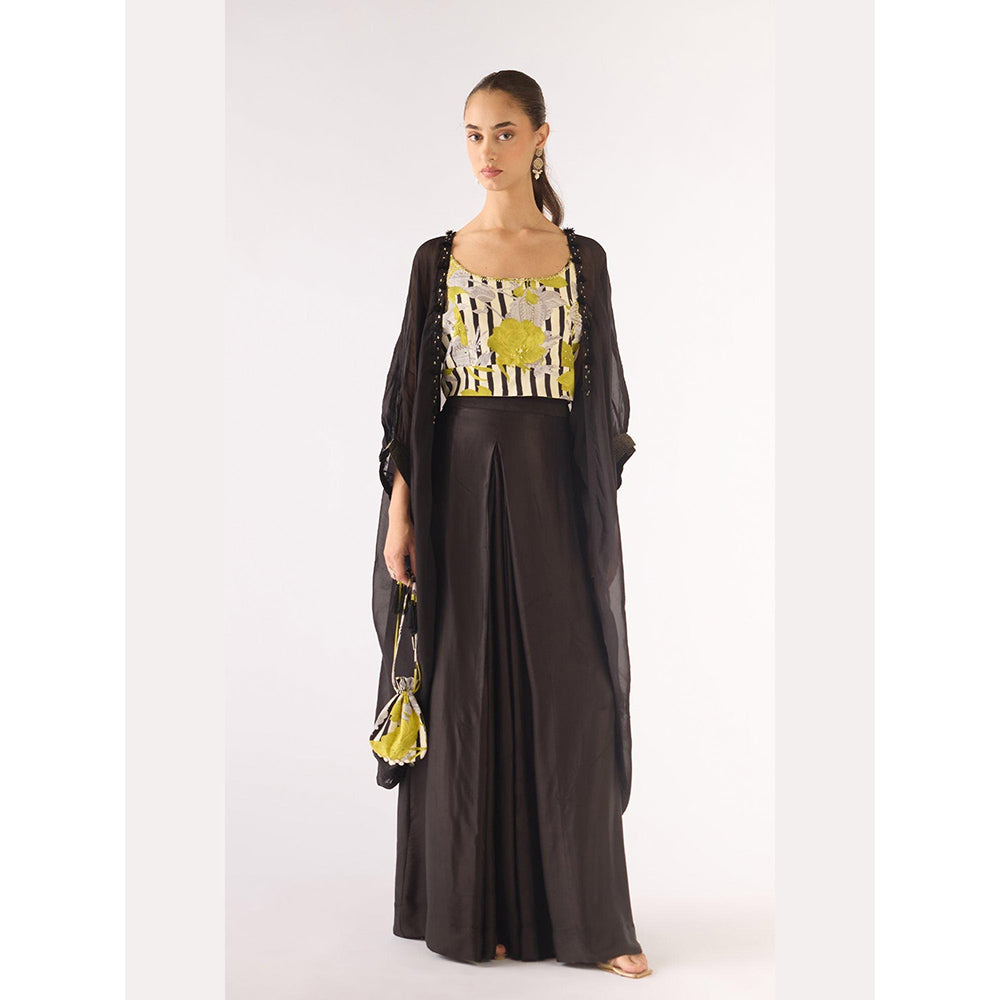 Basanti Kapde aur Koffee Green Organza Sequins Cape And Sharara With Bustier