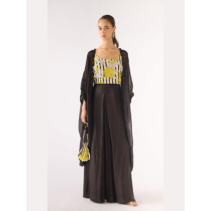 Basanti Kapde aur Koffee Green Organza Sequins Cape And Sharara With Bustier