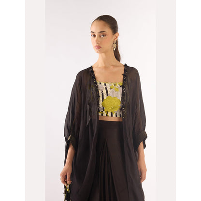 Basanti Kapde aur Koffee Green Organza Sequins Cape And Sharara With Bustier