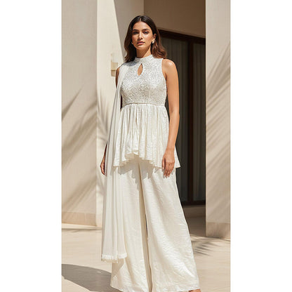 Basanti Kapde aur Koffee Ivory Crushed Tissue Peplum Kurta And Sharara With Dupatta