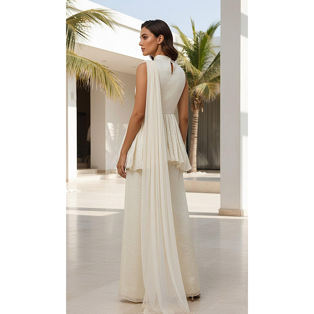 Basanti Kapde aur Koffee Ivory Crushed Tissue Peplum Kurta And Sharara With Dupatta