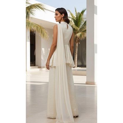 Basanti Kapde aur Koffee Ivory Crushed Tissue Peplum Kurta And Sharara With Dupatta