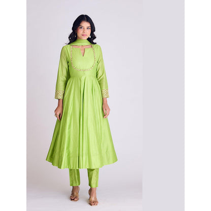 Basanti Kapde aur Koffee Lime Green Embroidered Anarkali With Pant and Dupatta