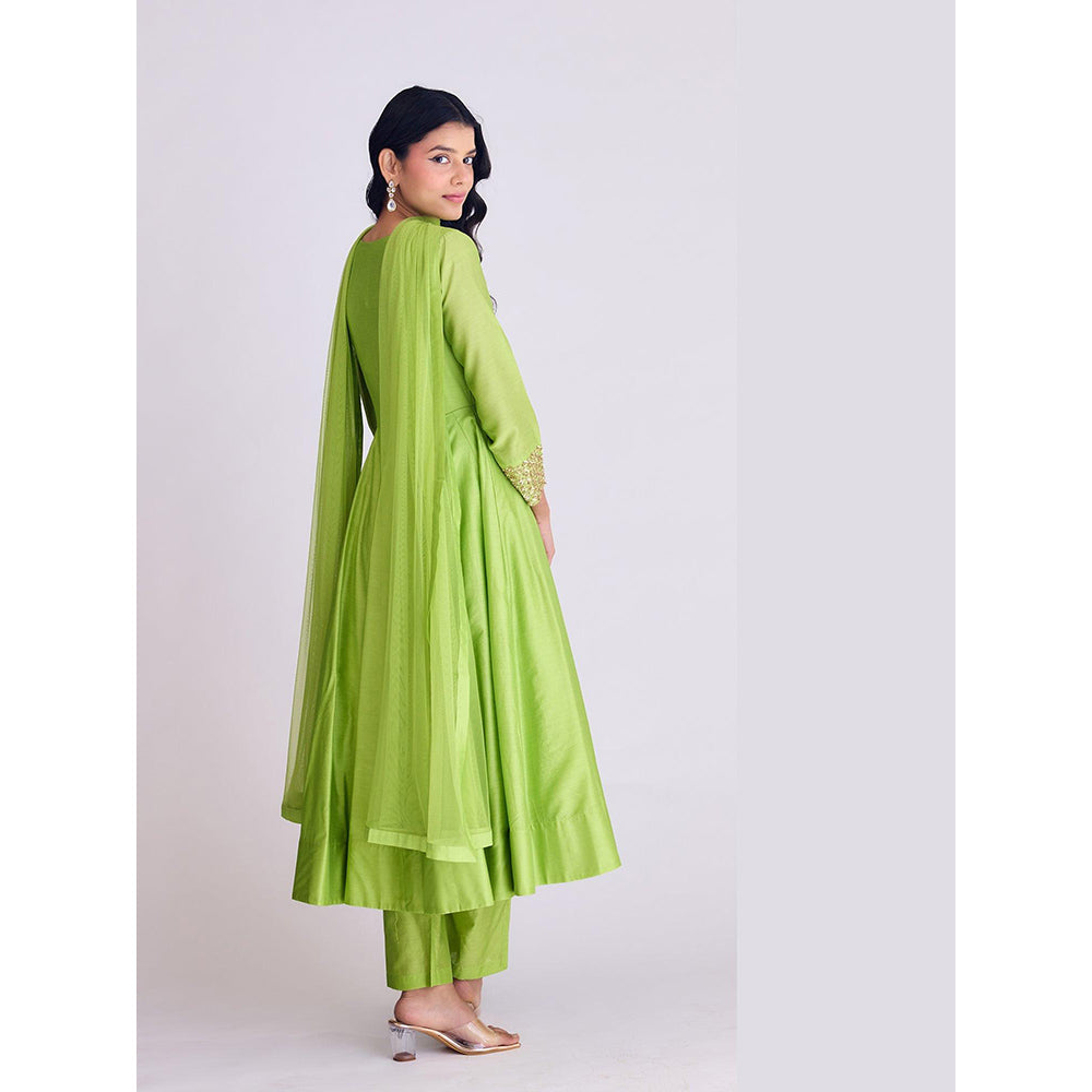 Basanti Kapde aur Koffee Lime Green Embroidered Anarkali With Pant and Dupatta