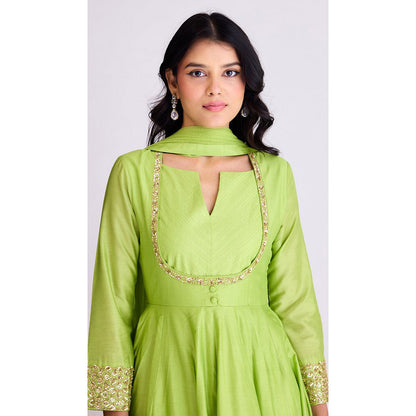 Basanti Kapde aur Koffee Lime Green Embroidered Anarkali With Pant and Dupatta