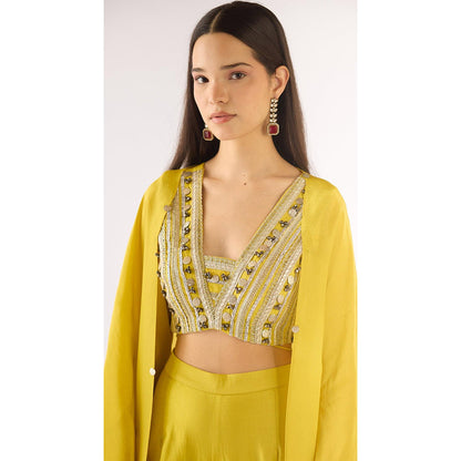 Basanti Kapde aur Koffee Lime Tissue Embellished Cape And Sharara With Bustier