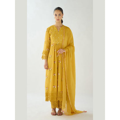 Basanti Kapde aur Koffee Mustard Embroidered Cotton Anarkali And Palazzo With Dupatta