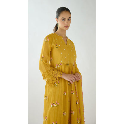 Basanti Kapde aur Koffee Mustard Embroidered Cotton Anarkali And Palazzo With Dupatta