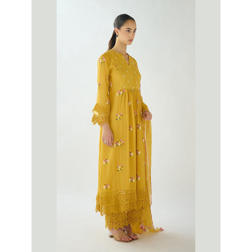 Basanti Kapde aur Koffee Mustard Embroidered Cotton Anarkali And Palazzo With Dupatta