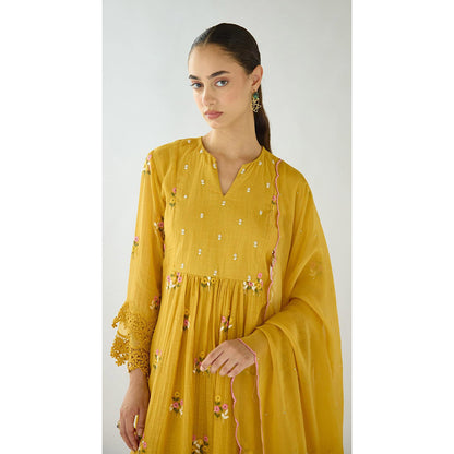 Basanti Kapde aur Koffee Mustard Embroidered Cotton Anarkali And Palazzo With Dupatta