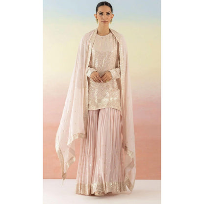 Basanti Kapde aur Koffee Pink Sequin Embellished Kurta And Sharara With Dupatta