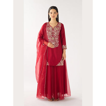 Basanti Kapde aur Koffee Red Chanderi Embroidered Kurta with Sharara and Dupatta