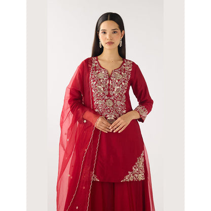 Basanti Kapde aur Koffee Red Chanderi Embroidered Kurta with Sharara and Dupatta