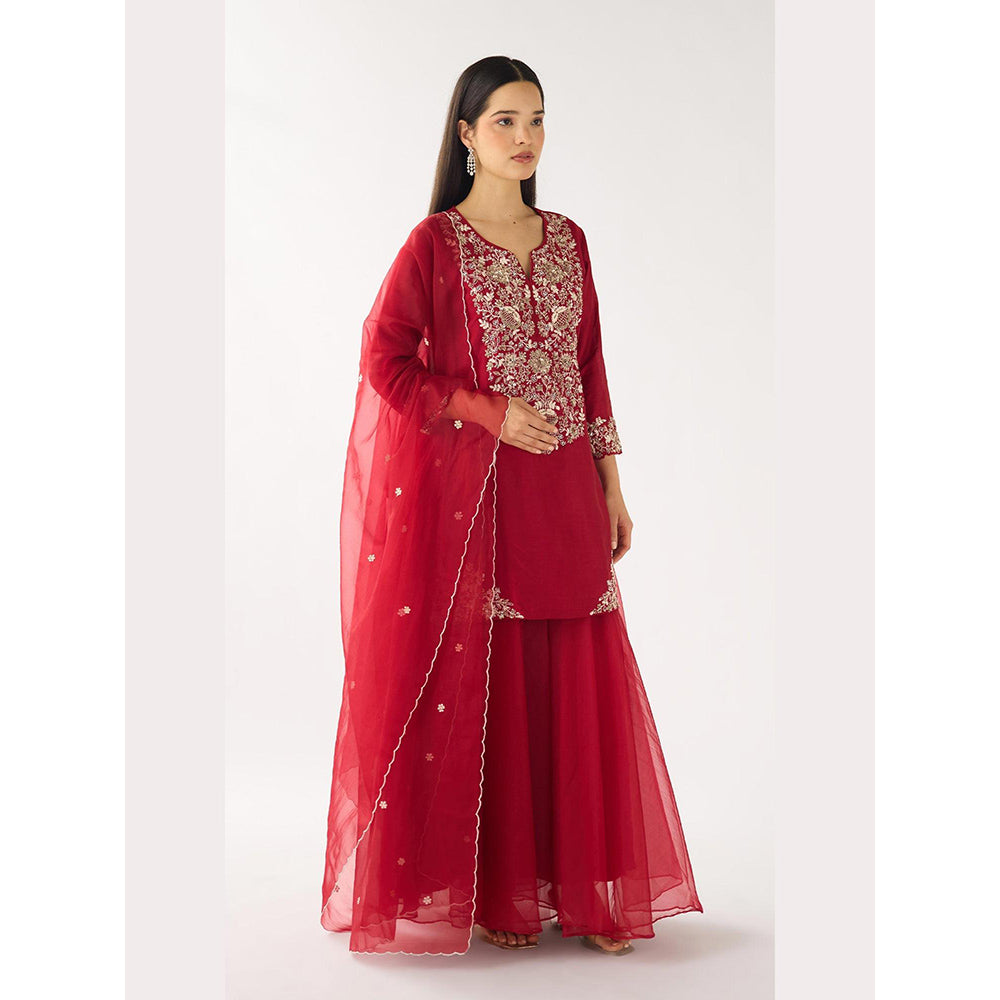 Basanti Kapde aur Koffee Red Chanderi Embroidered Kurta with Sharara and Dupatta