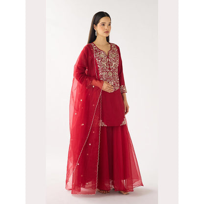 Basanti Kapde aur Koffee Red Chanderi Embroidered Kurta with Sharara and Dupatta