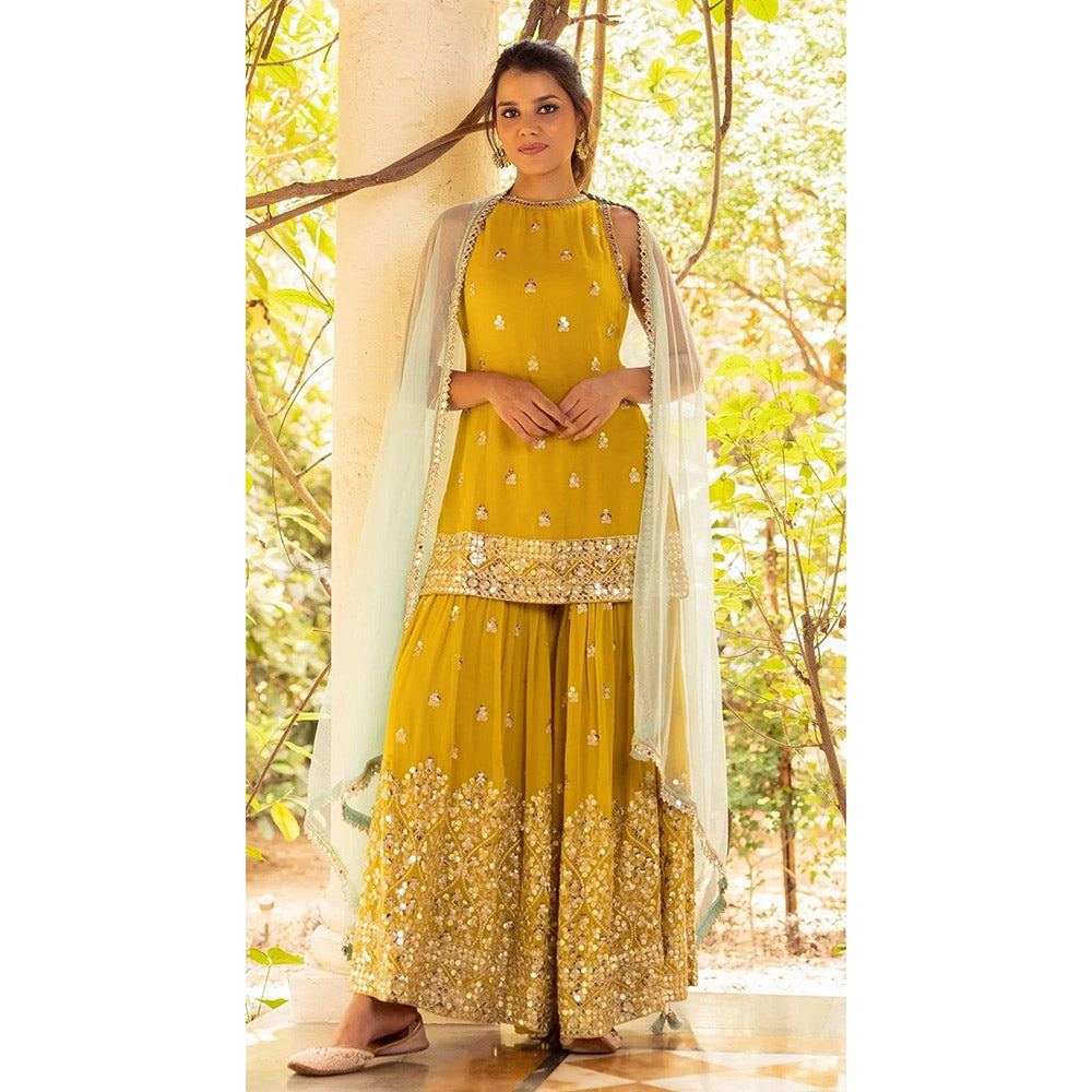 Basanti Kapde aur Koffee Sequins Detailed Kurta with Sharara and Dupatta