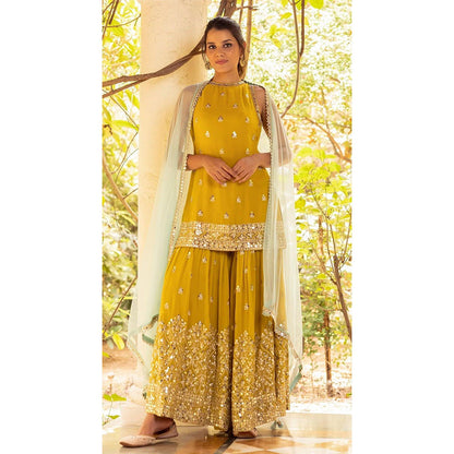 Basanti Kapde aur Koffee Sequins Detailed Kurta with Sharara and Dupatta
