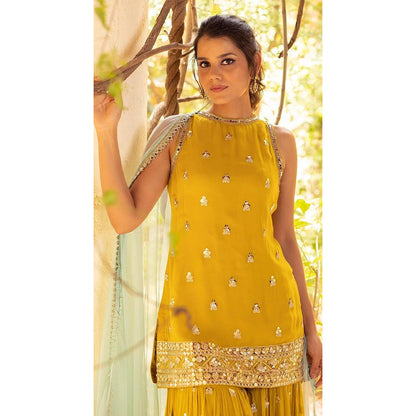 Basanti Kapde aur Koffee Sequins Detailed Kurta with Sharara and Dupatta