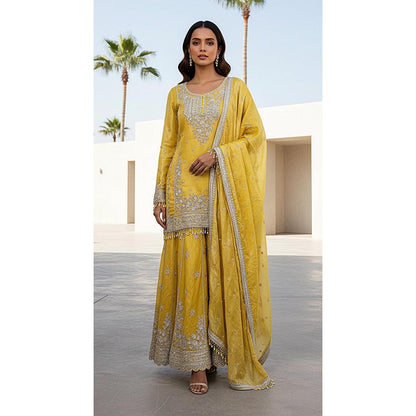 Basanti Kapde aur Koffee Yellow Tissue Embroidered Kurta with Sharara and Dupatta