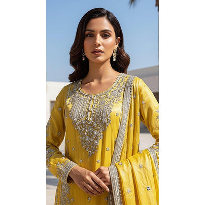Basanti Kapde aur Koffee Yellow Tissue Embroidered Kurta with Sharara and Dupatta