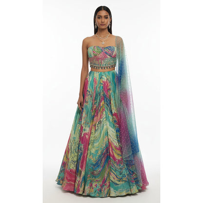Basanti Kapde aur Koffee Aqua Crepe Lehenga And Corset With Dupatta