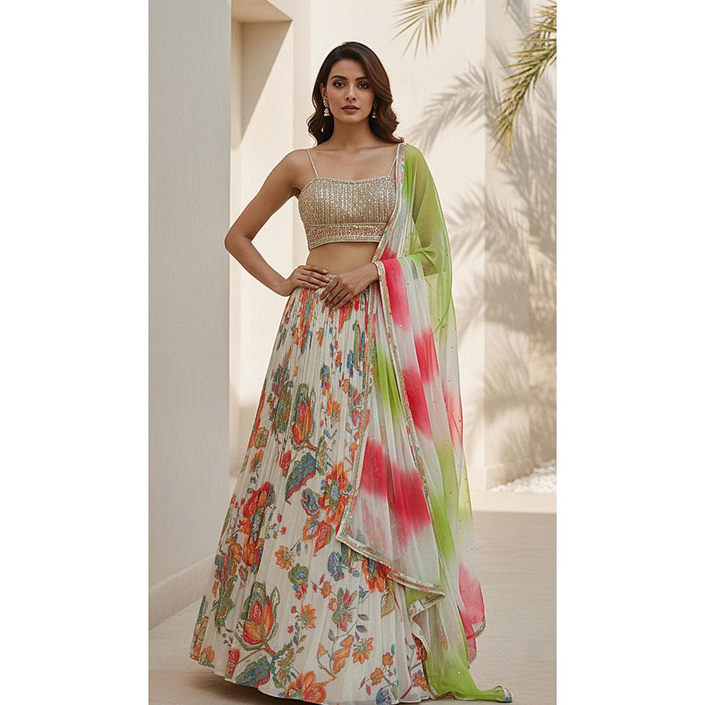 Basanti Kapde aur Koffee Ivory Elysian Embroidered Lehenga And Stitched Blouse With Dupatta