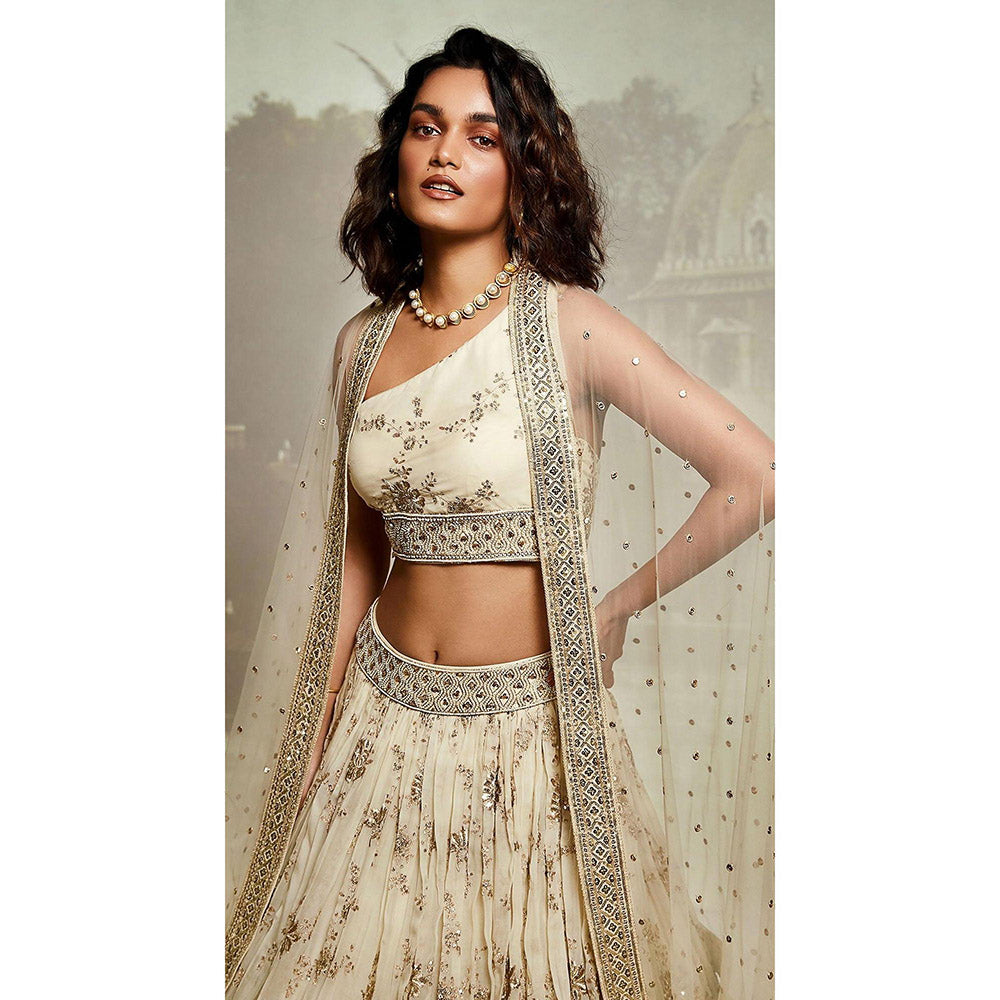 Basanti Kapde aur Koffee Ivory Embroidered Lehenga And Stitched Blouse With Dupatta