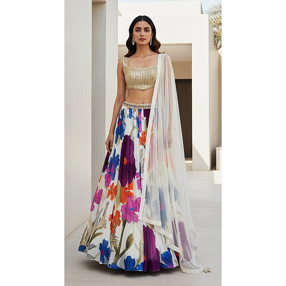 Basanti Kapde aur Koffee Ivory Lumina Garden Lehenga And Stitched Blouse With Dupatta