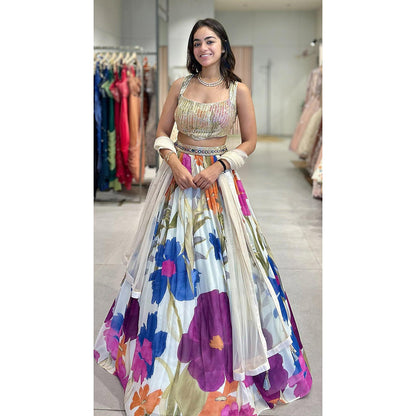 Basanti Kapde aur Koffee Ivory Lumina Garden Lehenga And Stitched Blouse With Dupatta