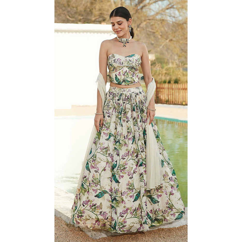 Basanti Kapde aur Koffee Ivory Printed Lehenga And Corset With Dupatta