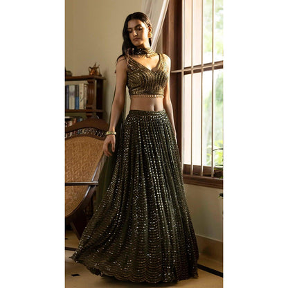 Basanti Kapde aur Koffee Moss Green Sequinned Lehenga And Stitched Blouse With Dupatta