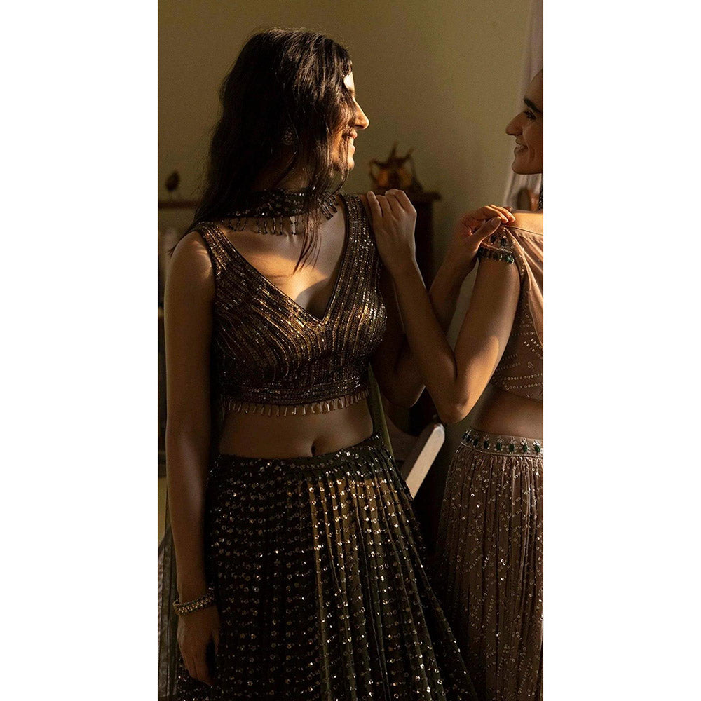 Basanti Kapde aur Koffee Moss Green Sequinned Lehenga And Stitched Blouse With Dupatta