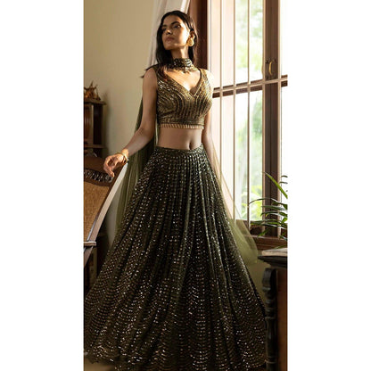 Basanti Kapde aur Koffee Moss Green Sequinned Lehenga And Stitched Blouse With Dupatta