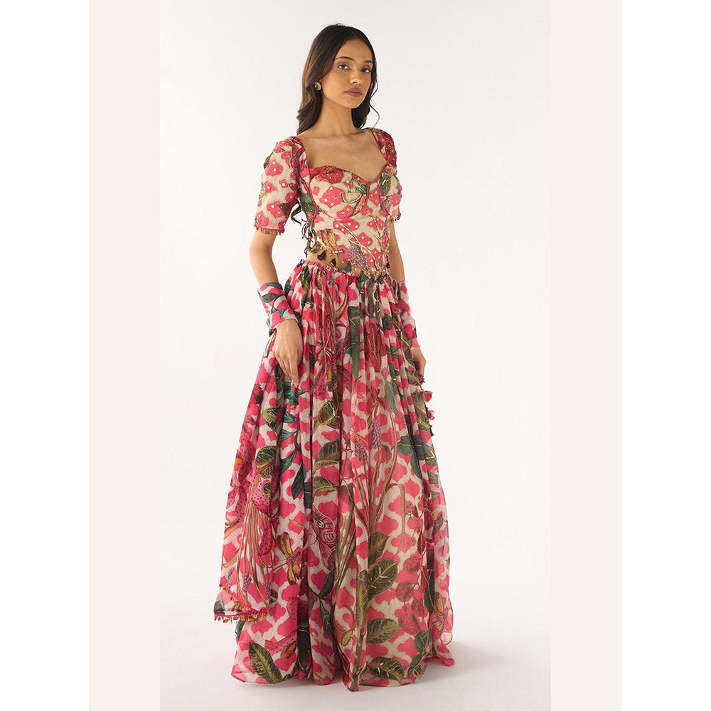 Basanti Kapde aur Koffee Pink Organza Embroidered Lehenga And Stitched Blouse With Dupatta