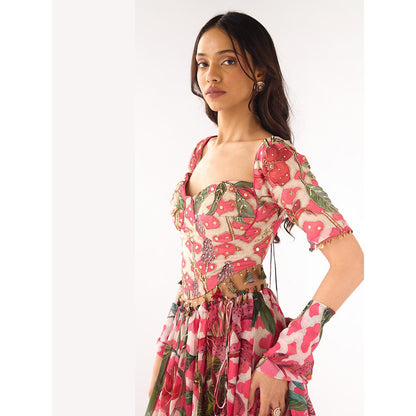 Basanti Kapde aur Koffee Pink Organza Embroidered Lehenga And Stitched Blouse With Dupatta
