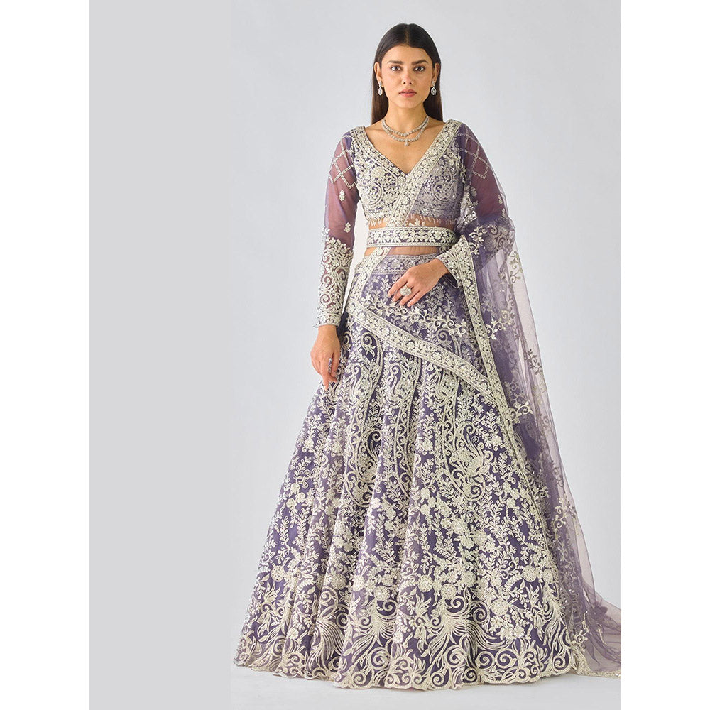 Basanti Kapde aur Koffee Purple Embroidered Lehenga with Stitched Blouse, Belt and Dupatta