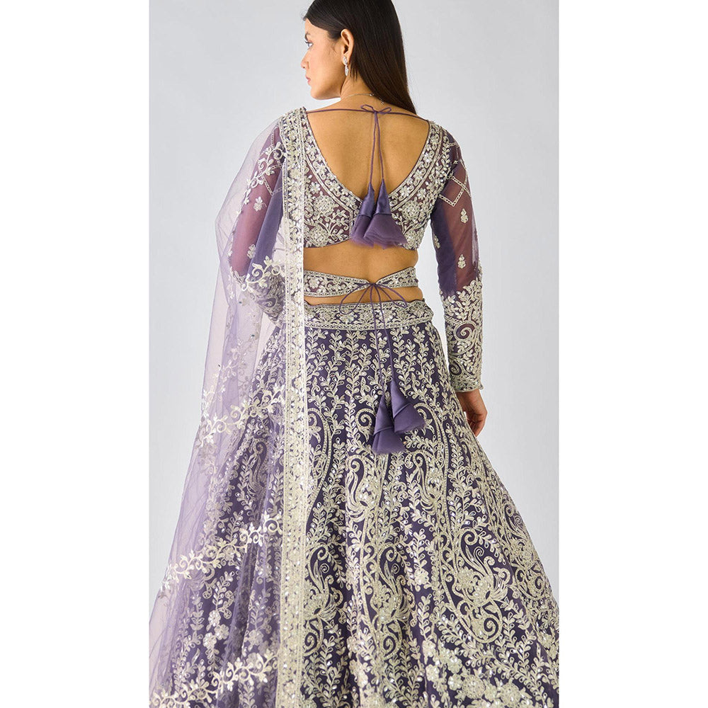 Basanti Kapde aur Koffee Purple Embroidered Lehenga with Stitched Blouse, Belt and Dupatta