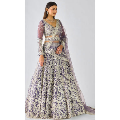 Basanti Kapde aur Koffee Purple Embroidered Lehenga with Stitched Blouse, Belt and Dupatta