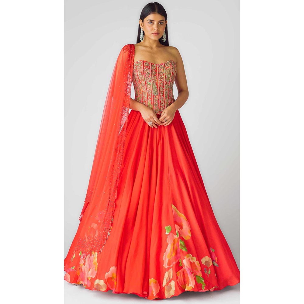 Basanti Kapde aur Koffee The Amber Flame Lehenga And Corset With Dupatta